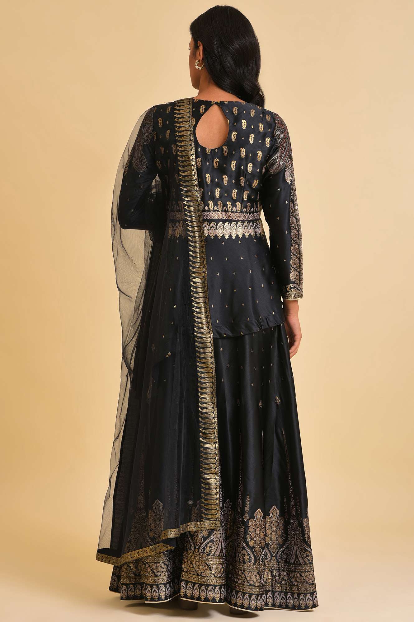 Black Satin Embellished Top With Skirt And Dupatta