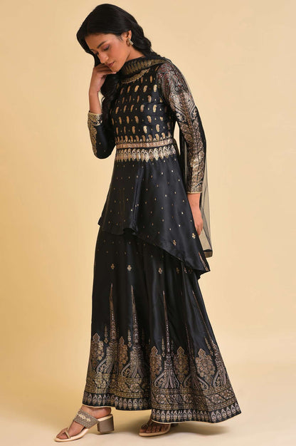 Black Satin Embellished Top With Skirt And Dupatta