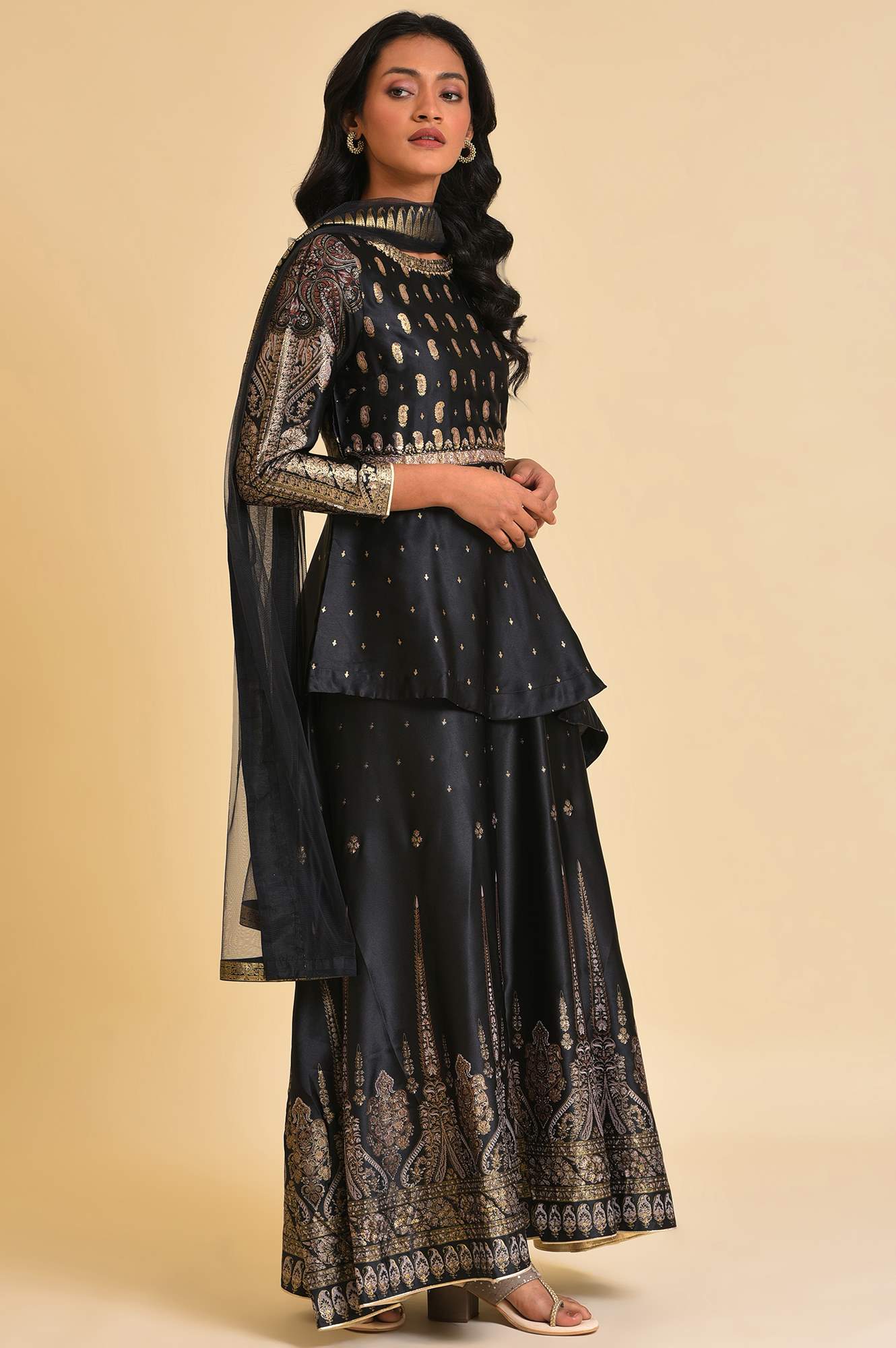 Black Satin Embellished Top With Skirt And Dupatta