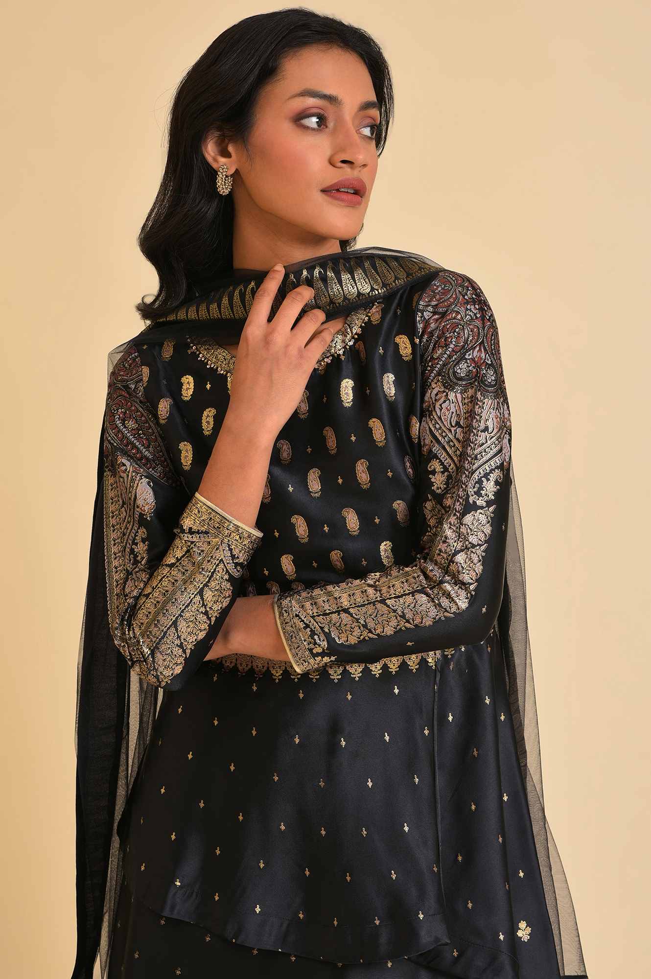 Black Satin Embellished Top With Skirt And Dupatta