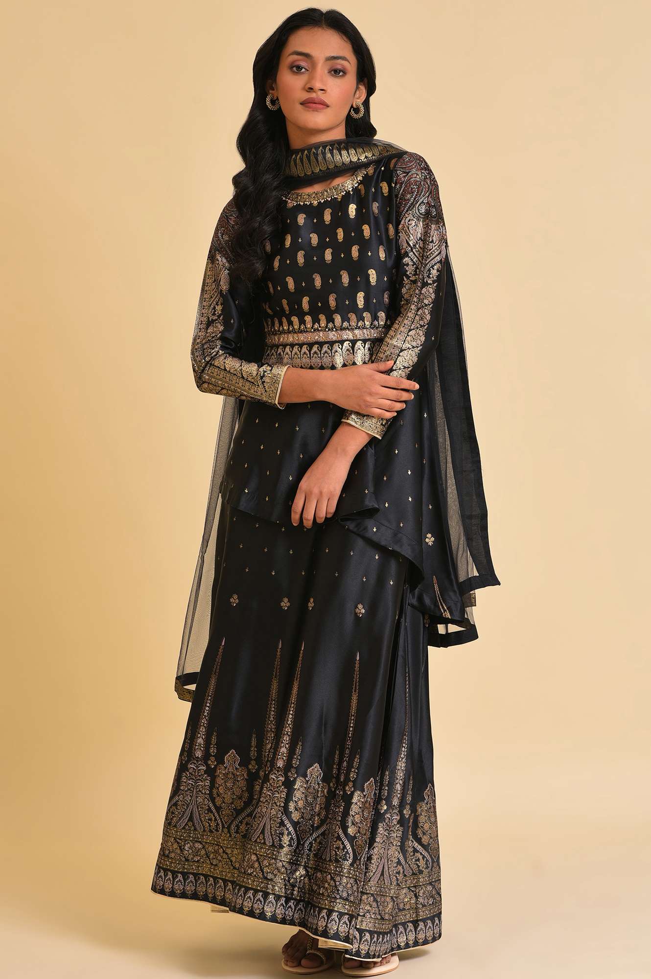 Black Satin Embellished Top With Skirt And Dupatta