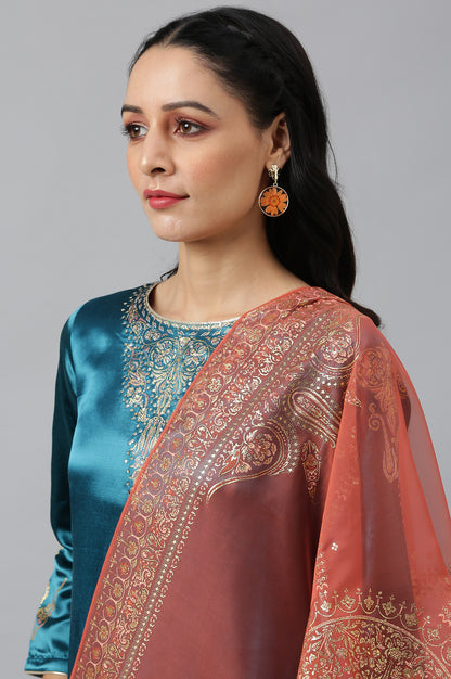 Teal Mashroo Silk kurta With Peach Slim Pants And Dupatta