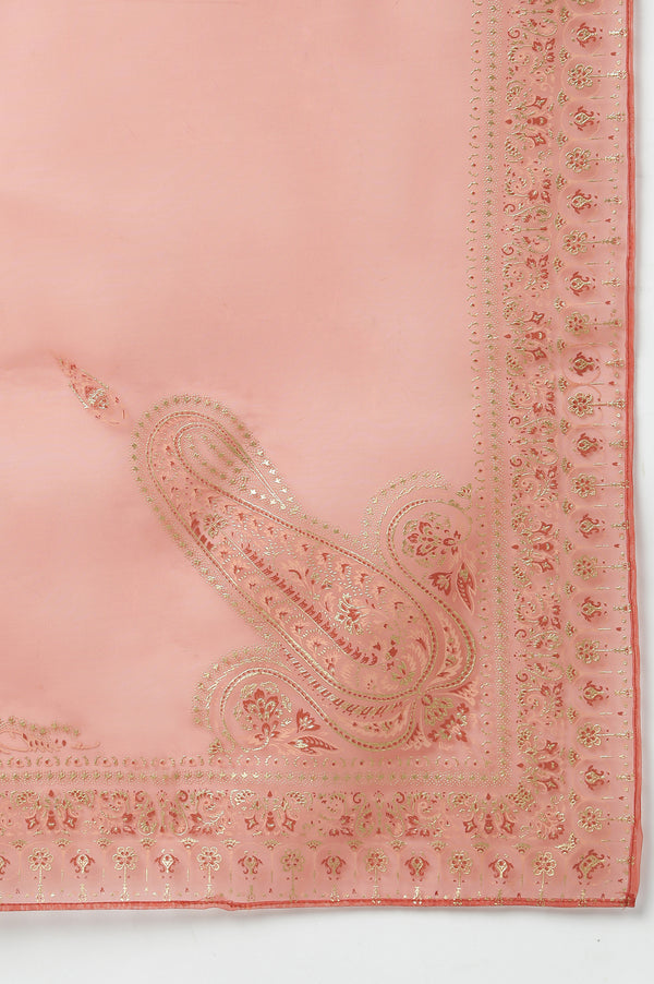 Teal Mashroo Silk Kurta With Peach Slim Pants And Dupatta