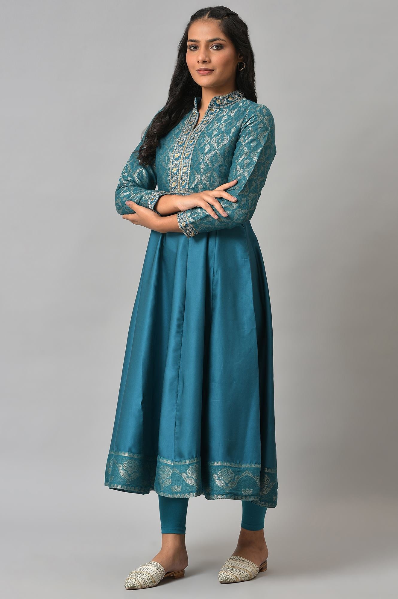 Teal Embroidered Anarkali Mughal Gown With Tights