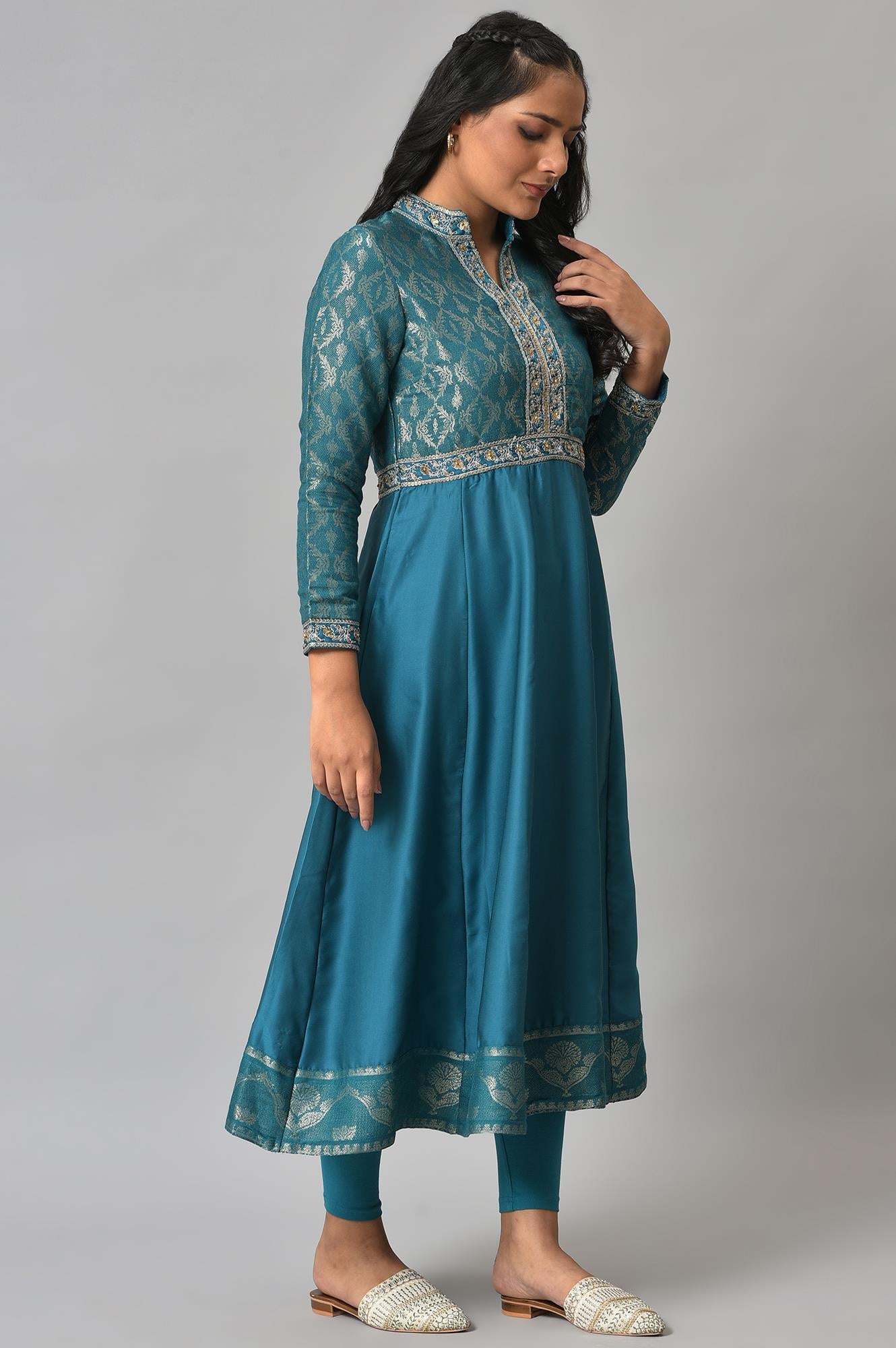 Teal Embroidered Anarkali Mughal Gown With Tights