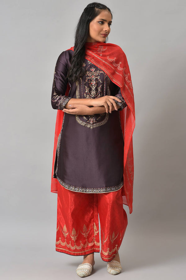 Purple Japanese Satin Short kurta With Red Parallel Pants And Dupatta