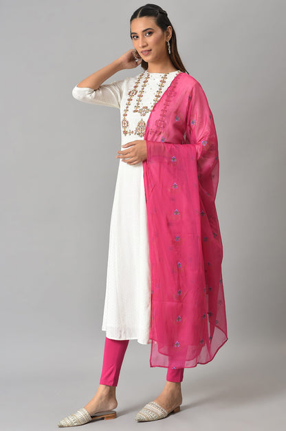 Ecru Embroudered Flared kurta In Round Neck With Tights And Chiffon Dupatta