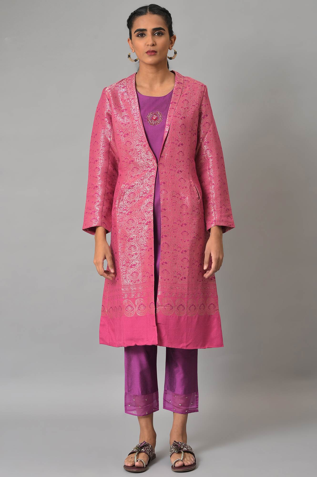 Pink Jacquard Jacket, Purple kurta &amp; Pant Suit Set