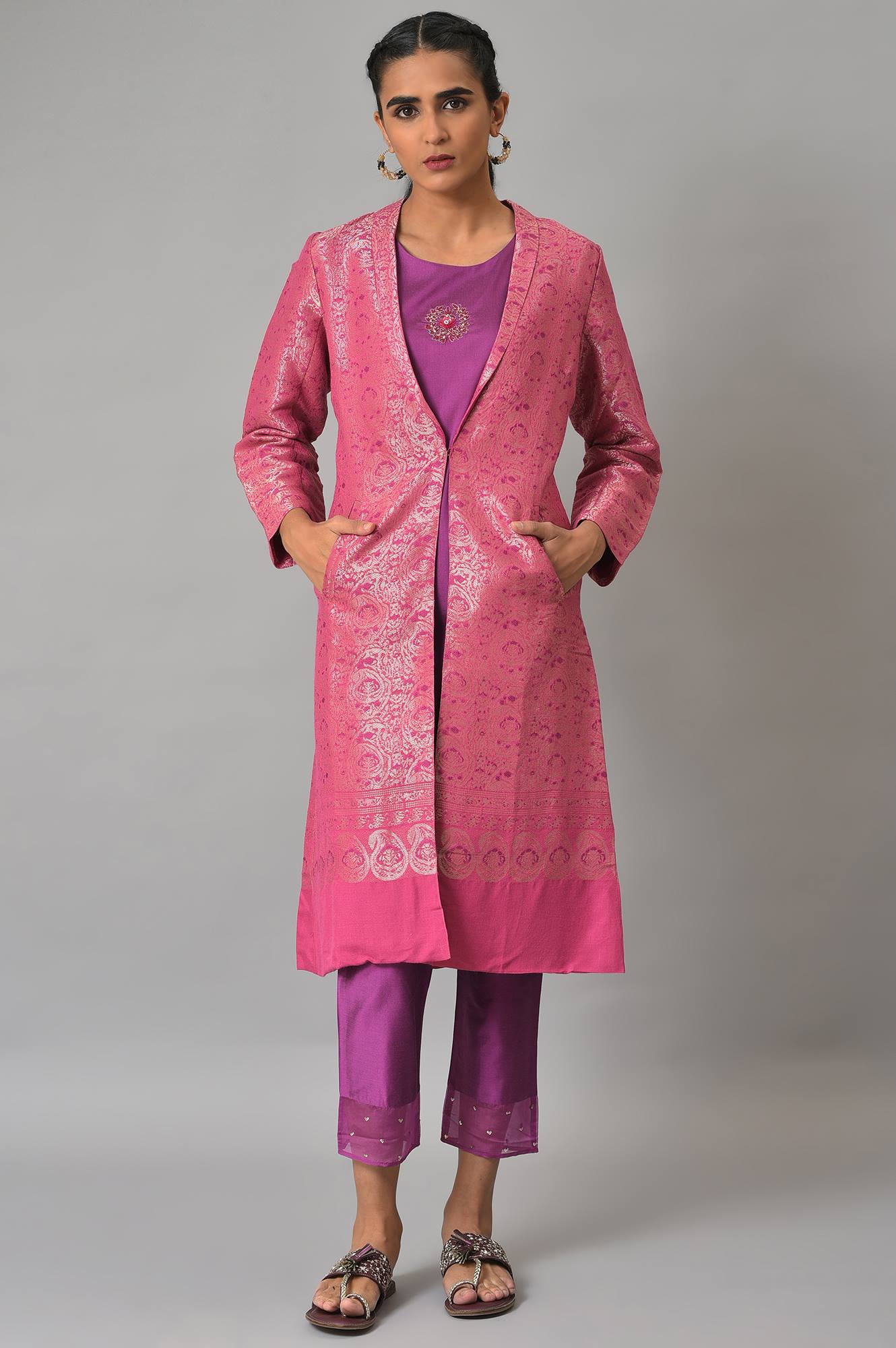 Pink Jacquard Jacket, Purple kurta &amp; Pant Suit Set