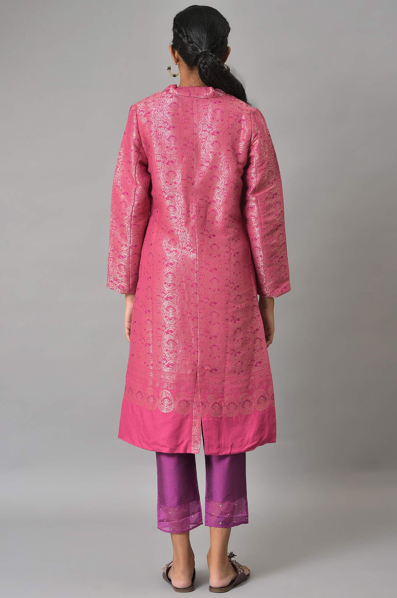 Pink Jacquard Jacket, Purple kurta &amp; Pant Suit Set