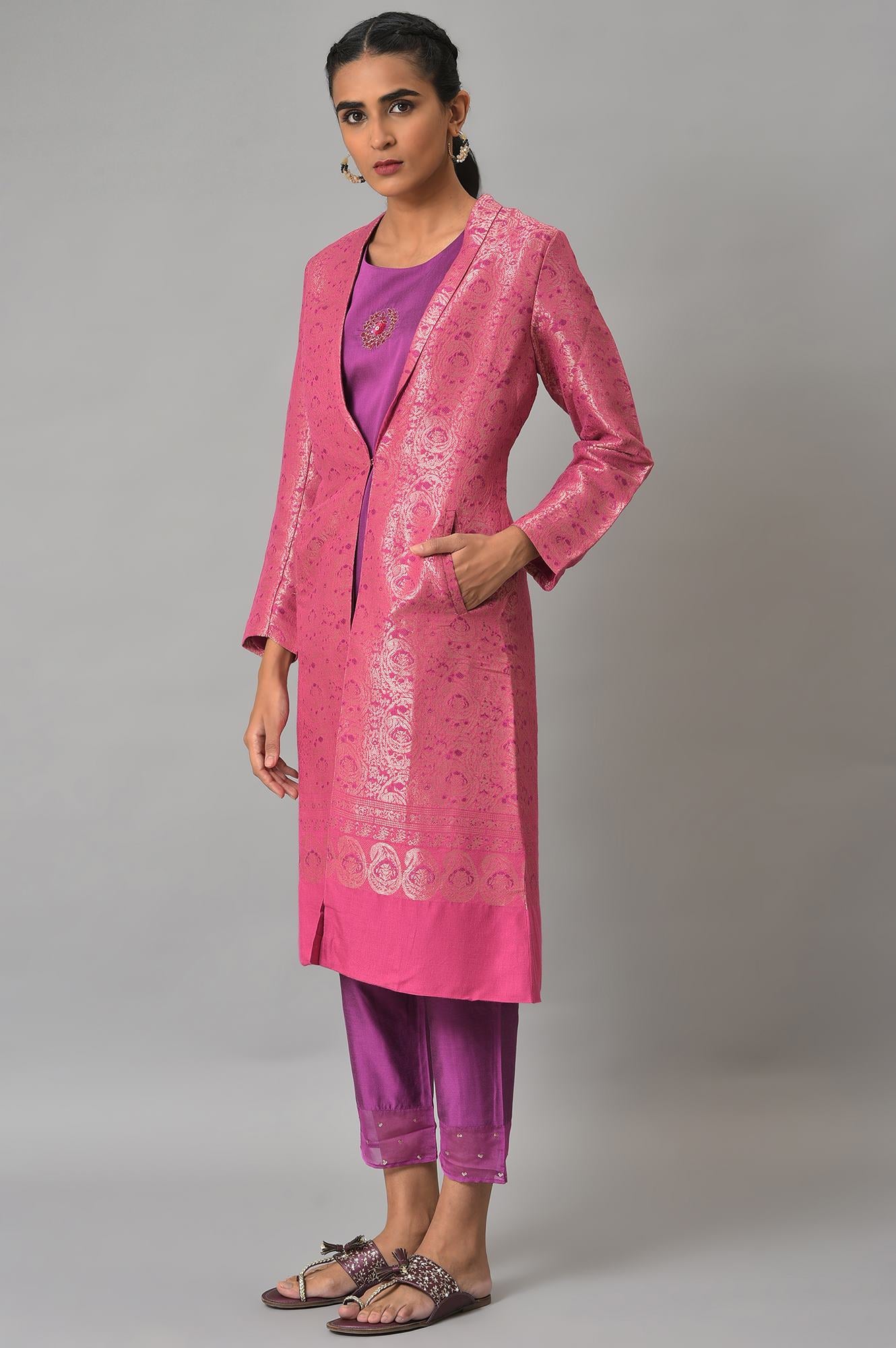 Pink Jacquard Jacket, Purple kurta &amp; Pant Suit Set