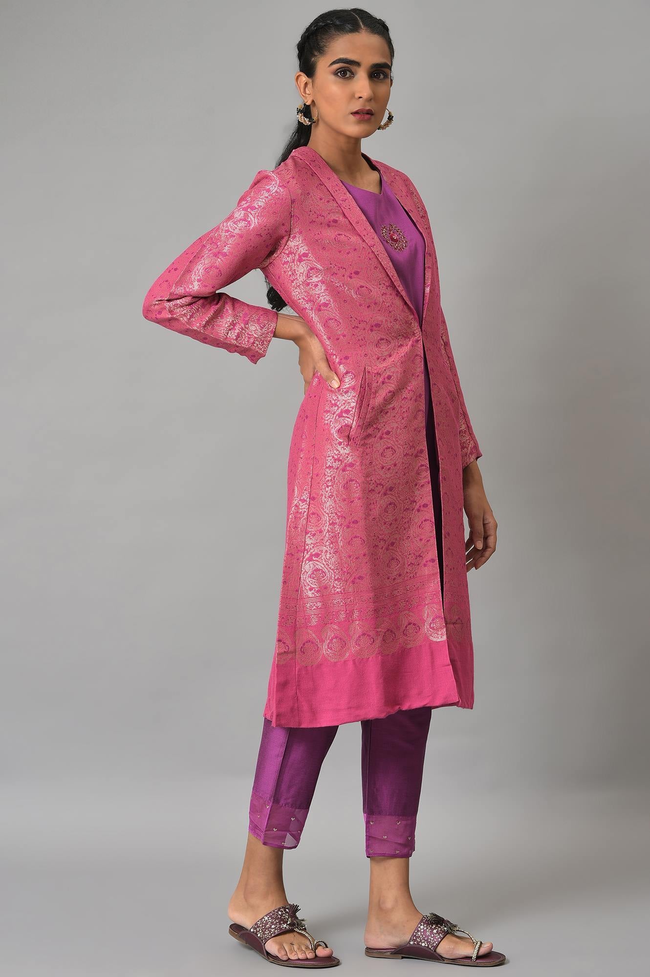 Pink Jacquard Jacket, Purple kurta &amp; Pant Suit Set