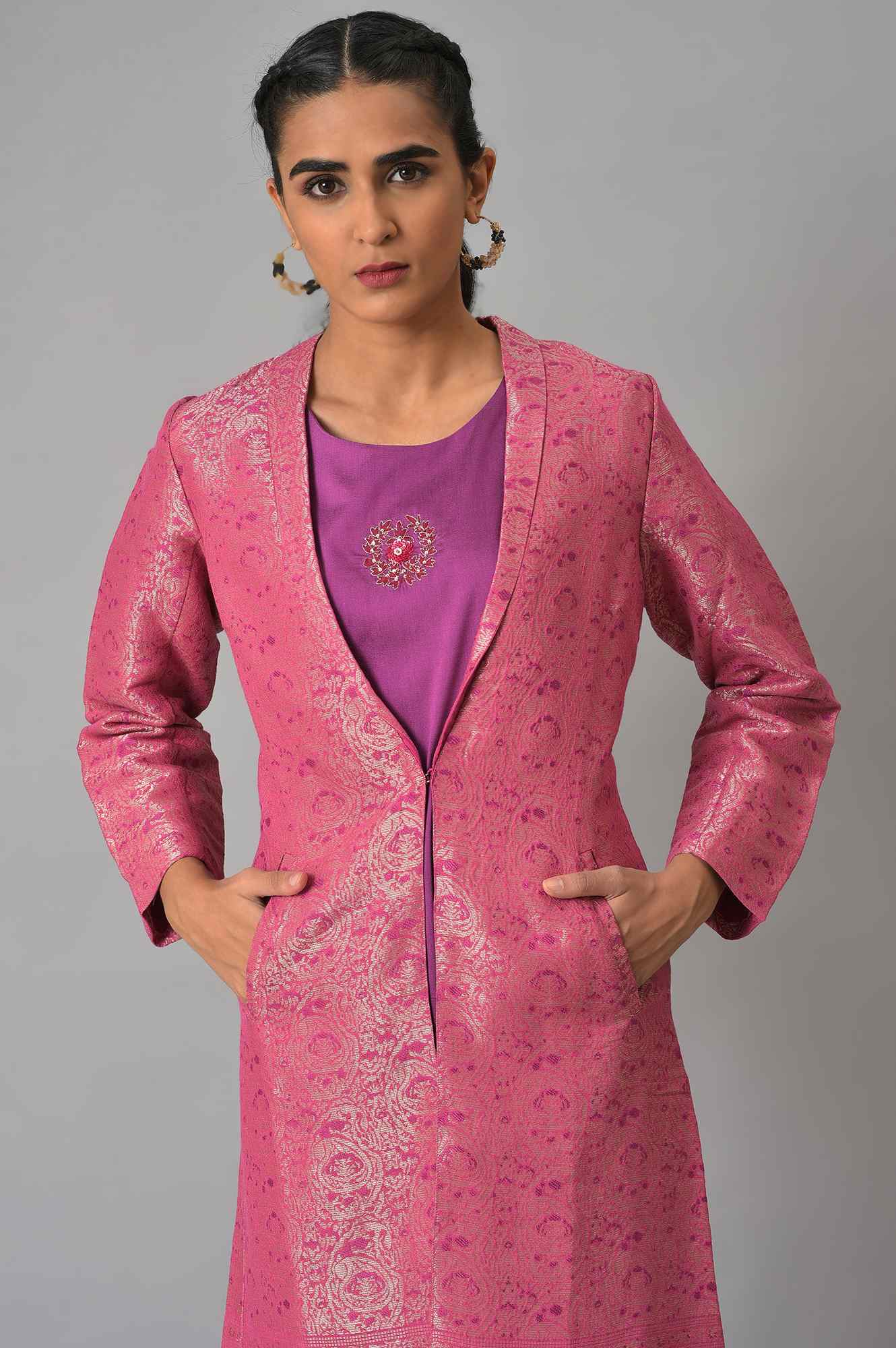 Pink Jacquard Jacket, Purple kurta &amp; Pant Suit Set