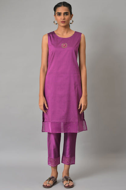 Pink Jacquard Jacket, Purple kurta &amp; Pant Suit Set