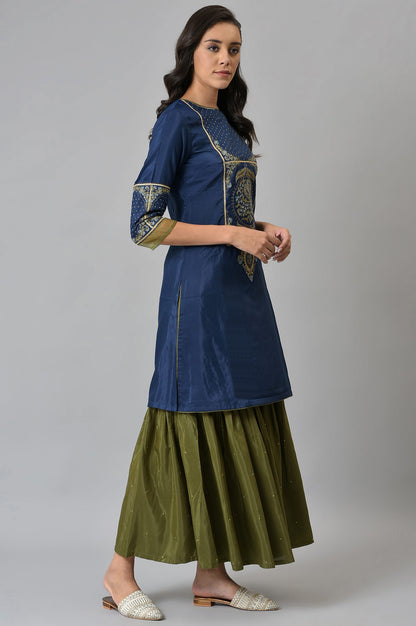 Royal Blue Embroidered kurta With Olive Green Sharara And Dupatta