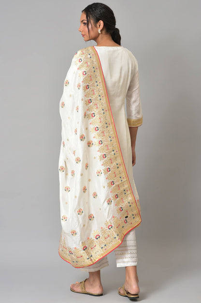 Ecru Paisley Print kurta With Straight Pants And Dupatta