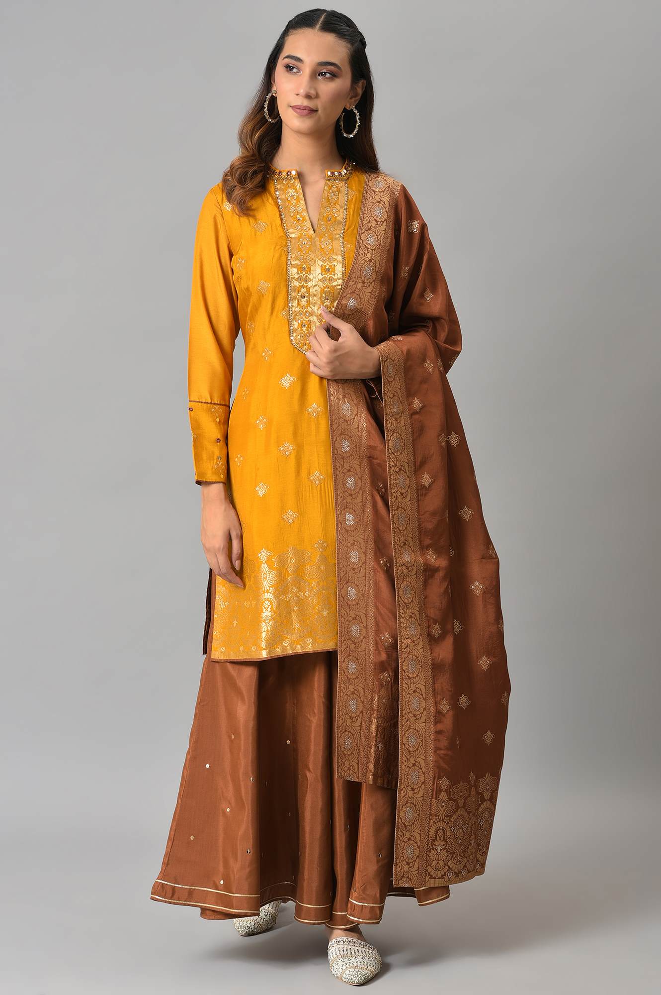 Mustard Embroidered kurta In Round Neck With Sharara And Dupatta Set