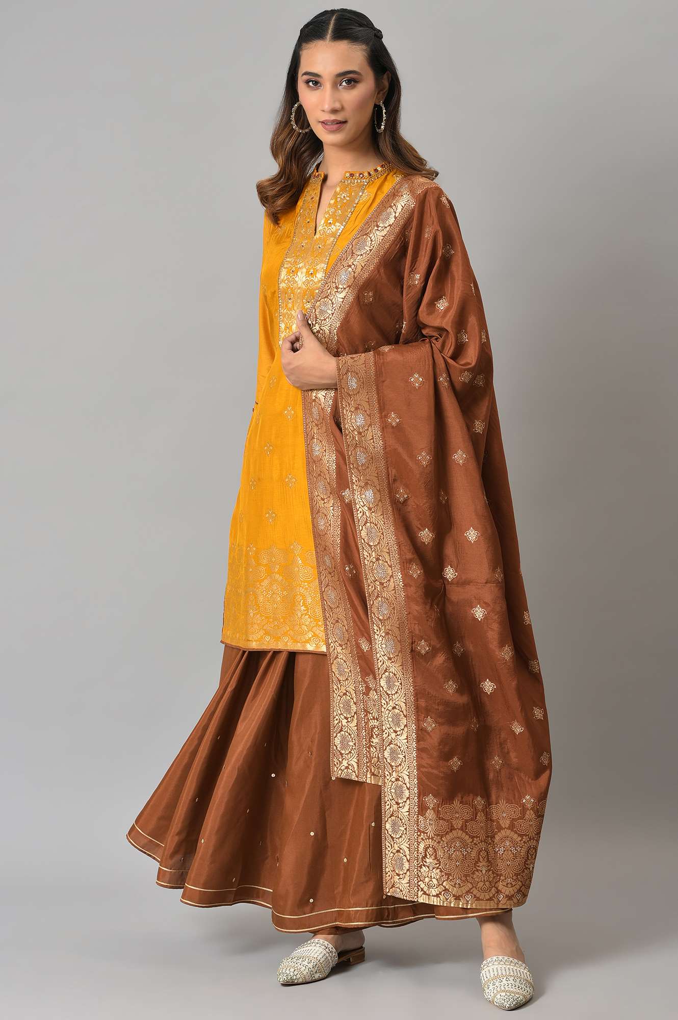 Mustard Embroidered kurta In Round Neck With Sharara And Dupatta Set