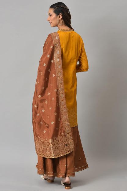 Mustard Embroidered kurta In Round Neck With Sharara And Dupatta Set