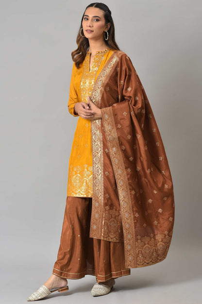 Mustard Embroidered kurta In Round Neck With Sharara And Dupatta Set