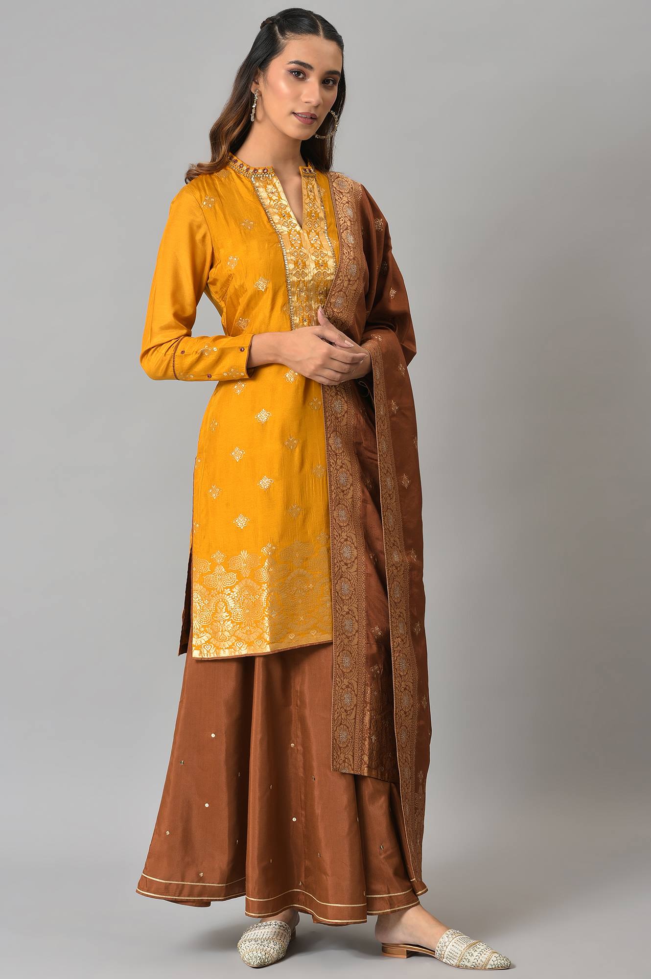 Mustard Embroidered kurta In Round Neck With Sharara And Dupatta Set