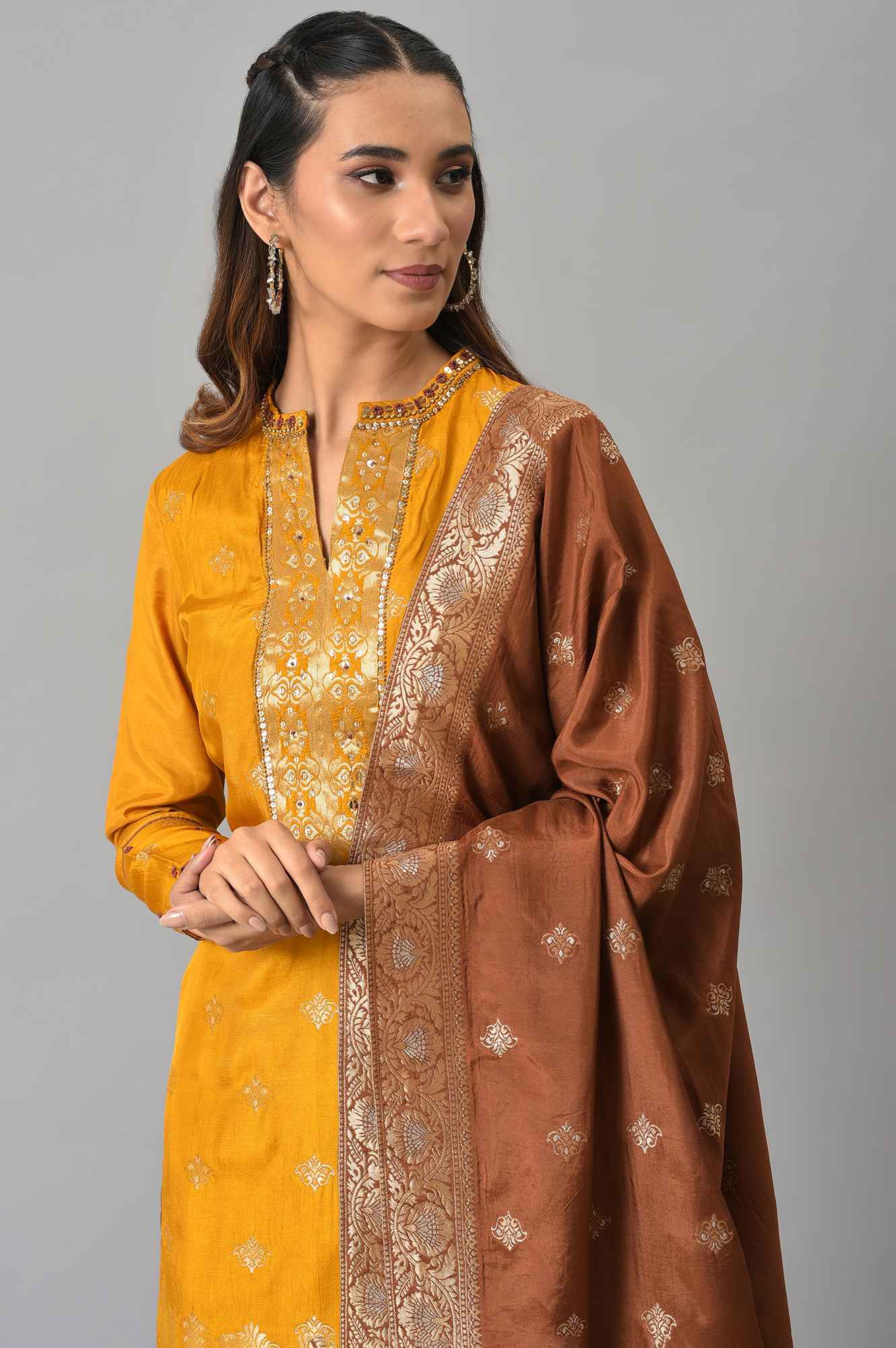 Mustard Embroidered kurta In Round Neck With Sharara And Dupatta Set