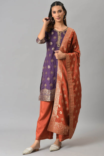 Purple Floral Print kurta With Orange Parallel Pants And Dupatta