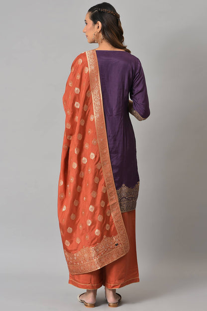 Purple Floral Print kurta With Orange Parallel Pants And Dupatta