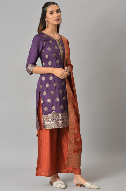 Purple Floral Print kurta With Orange Parallel Pants And Dupatta