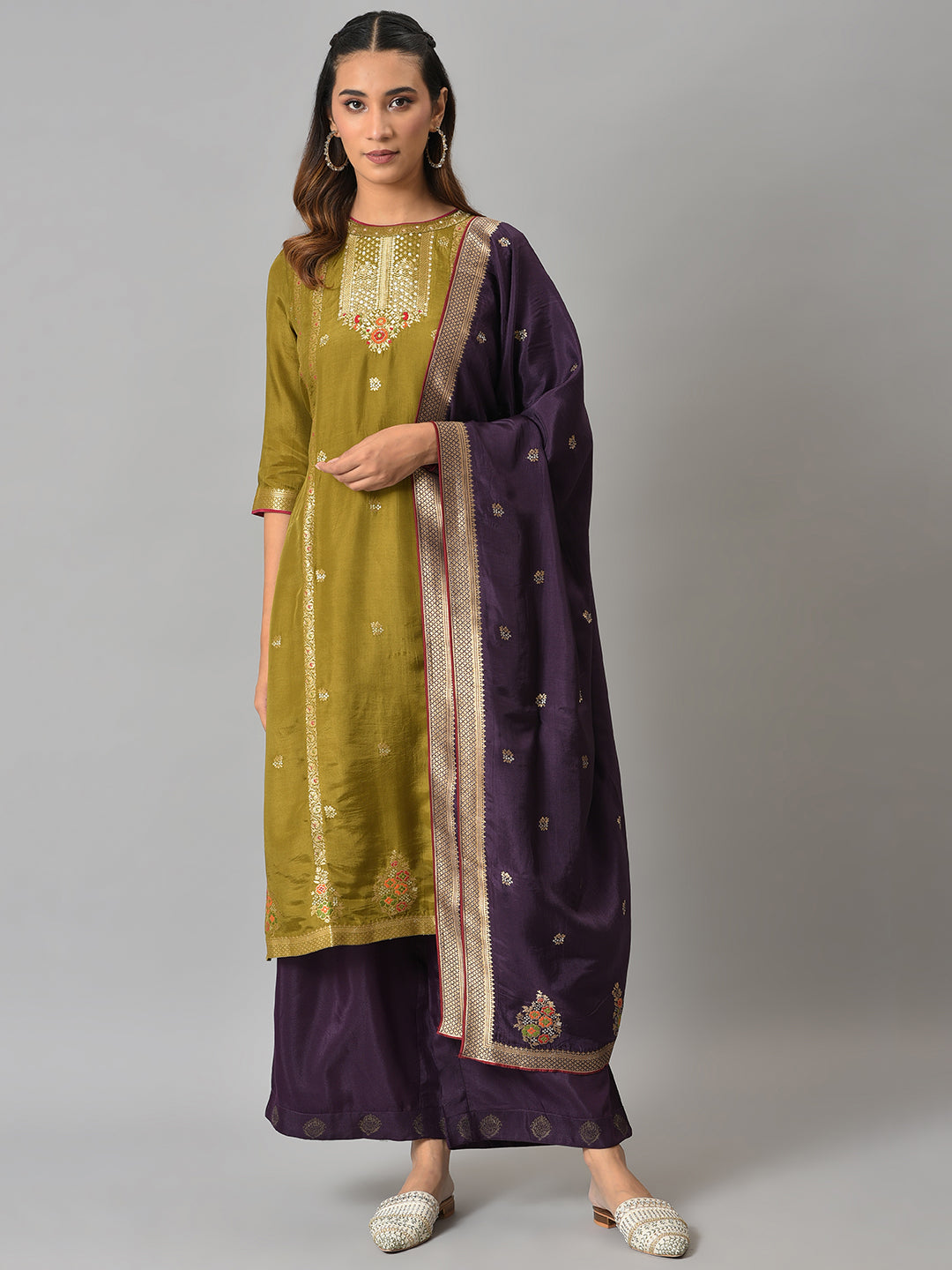 Dark Green Round Neck kurta With Purple Pants And Dupatta