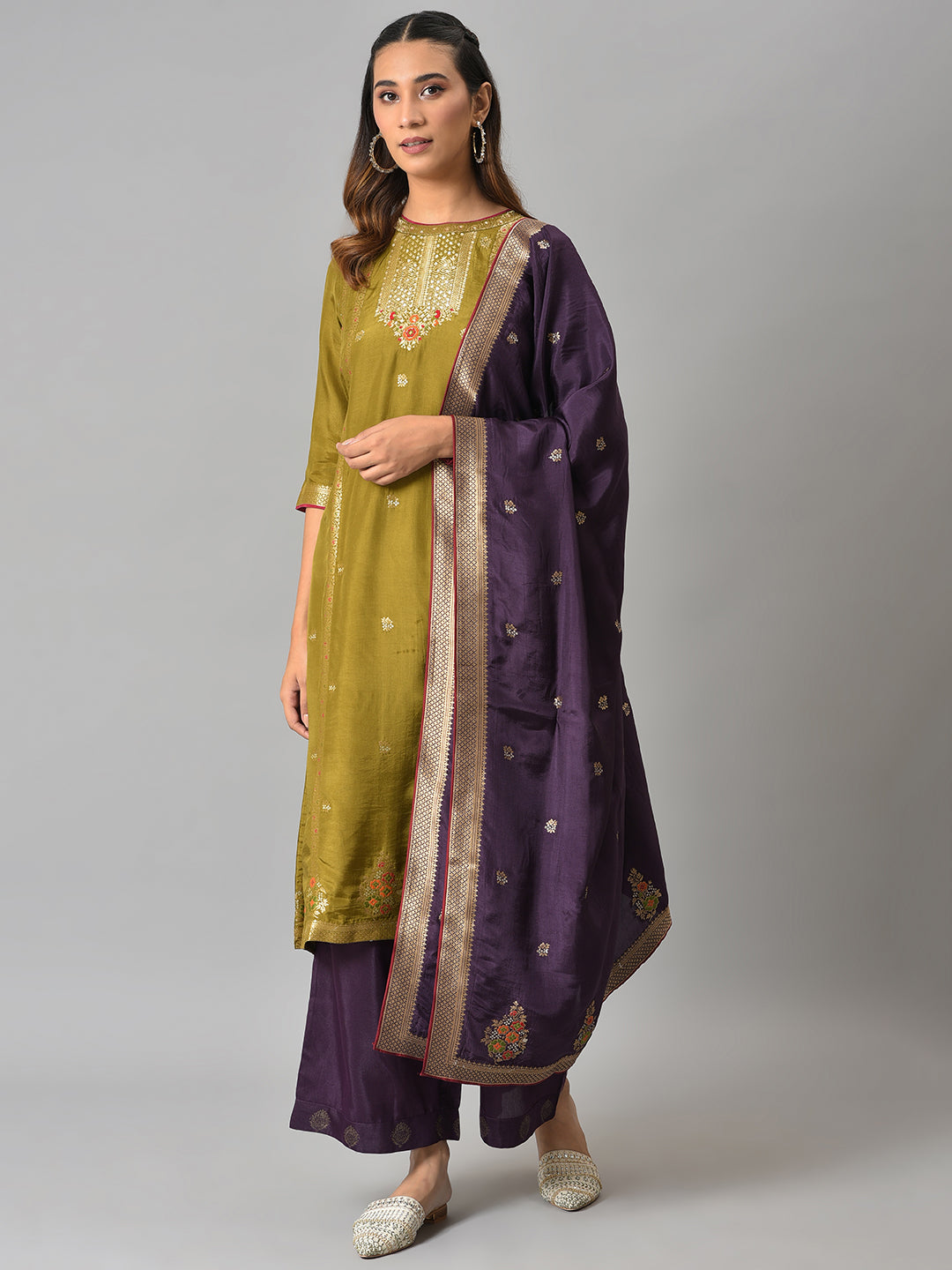 Dark Green Round Neck kurta With Purple Pants And Dupatta