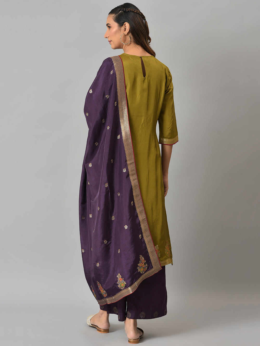 Dark Green Round Neck kurta With Purple Pants And Dupatta