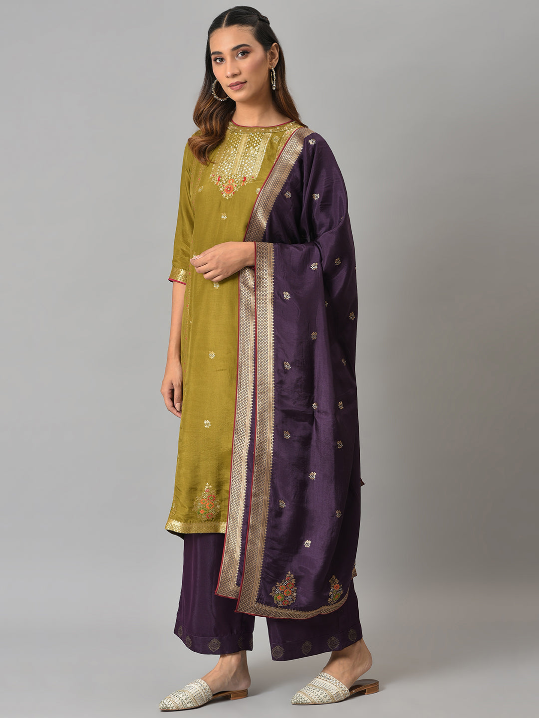 Dark Green Round Neck kurta With Purple Pants And Dupatta