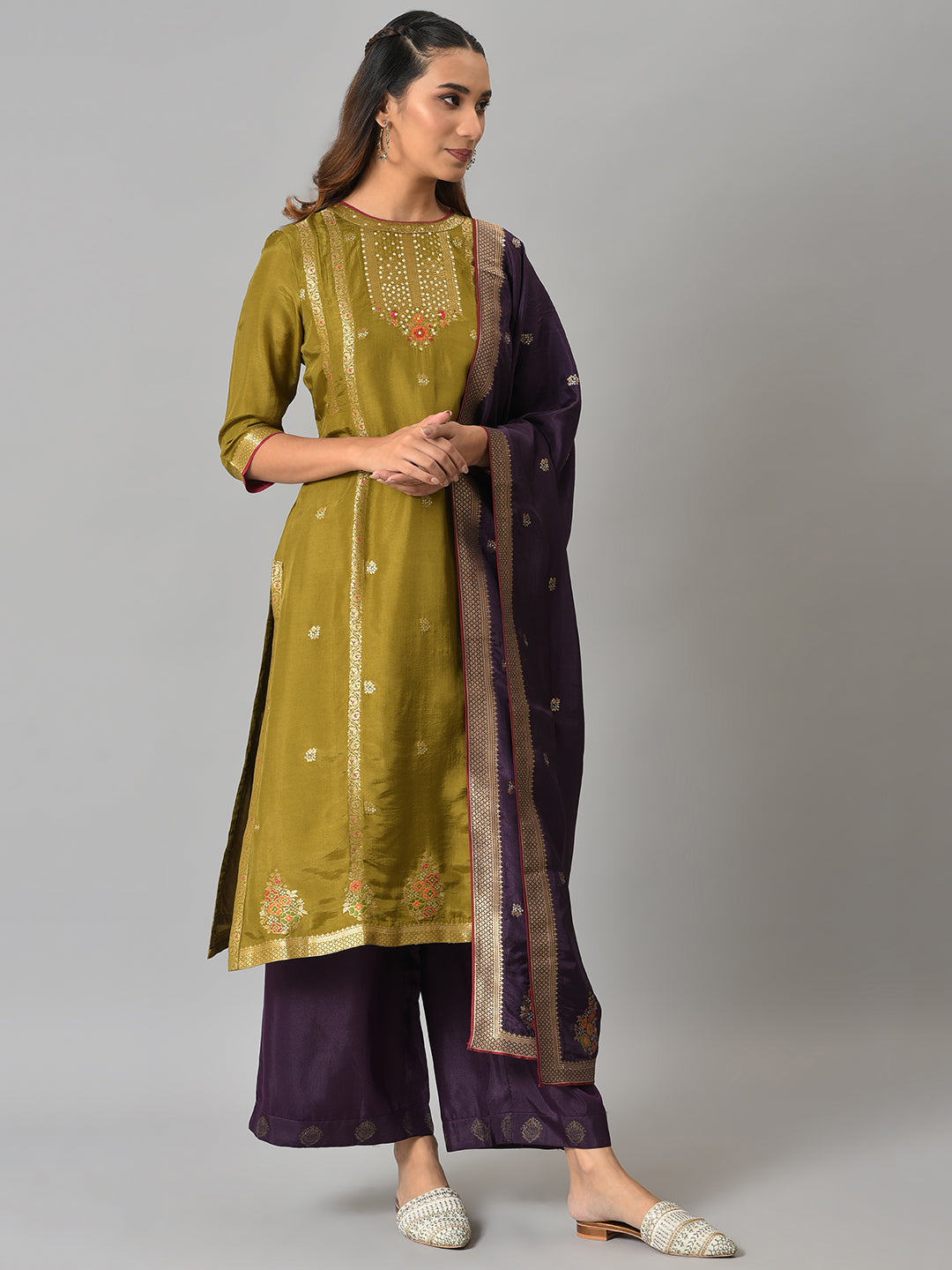 Dark Green Round Neck kurta With Purple Pants And Dupatta