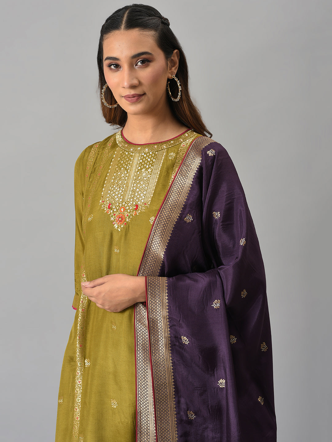 Dark Green Round Neck kurta With Purple Pants And Dupatta