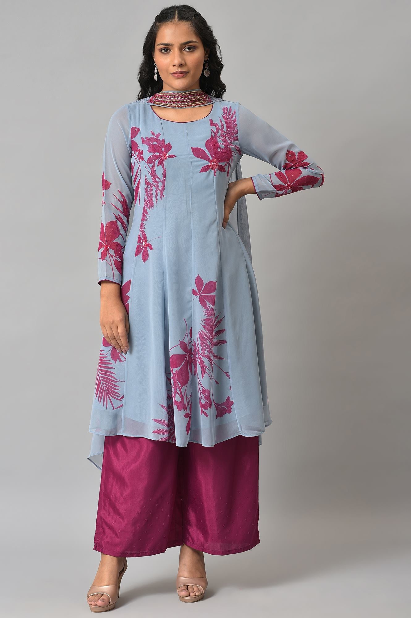 Light Blue Anarkali kurta With Pants And Predrape