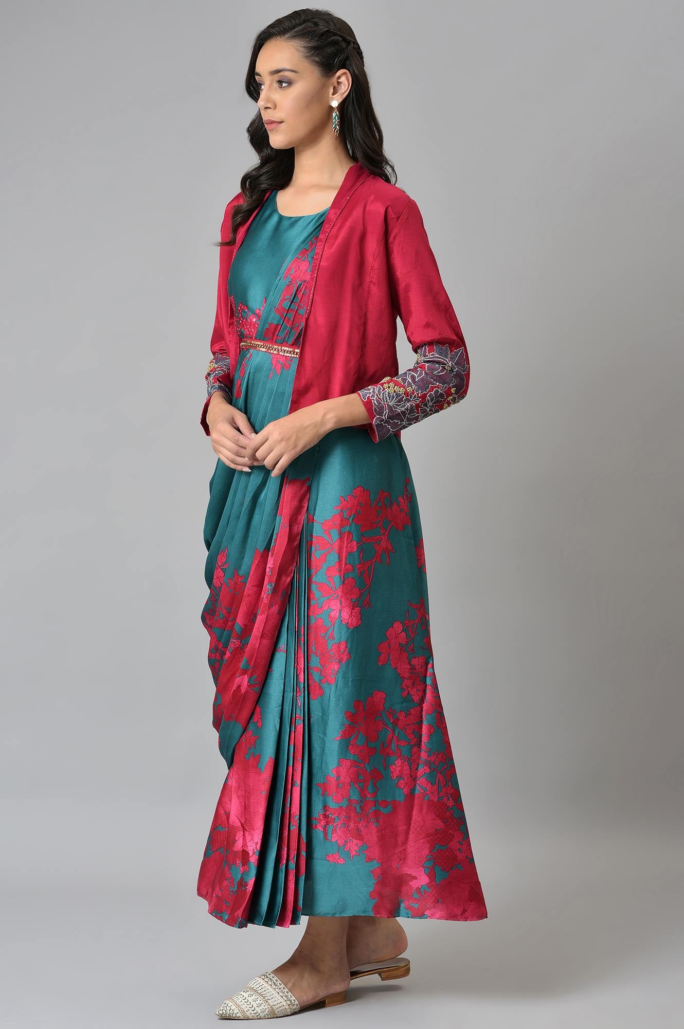 Green And Red Sleeveless Predrape Saree Dress With Belt And Tailored Jacket