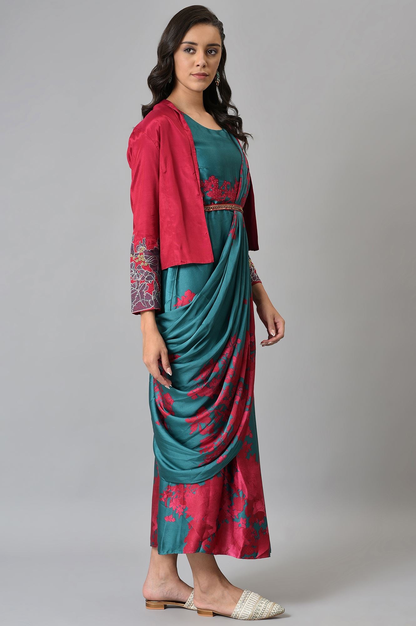 Green And Red Sleeveless Predrape Saree Dress With Belt And Tailored Jacket