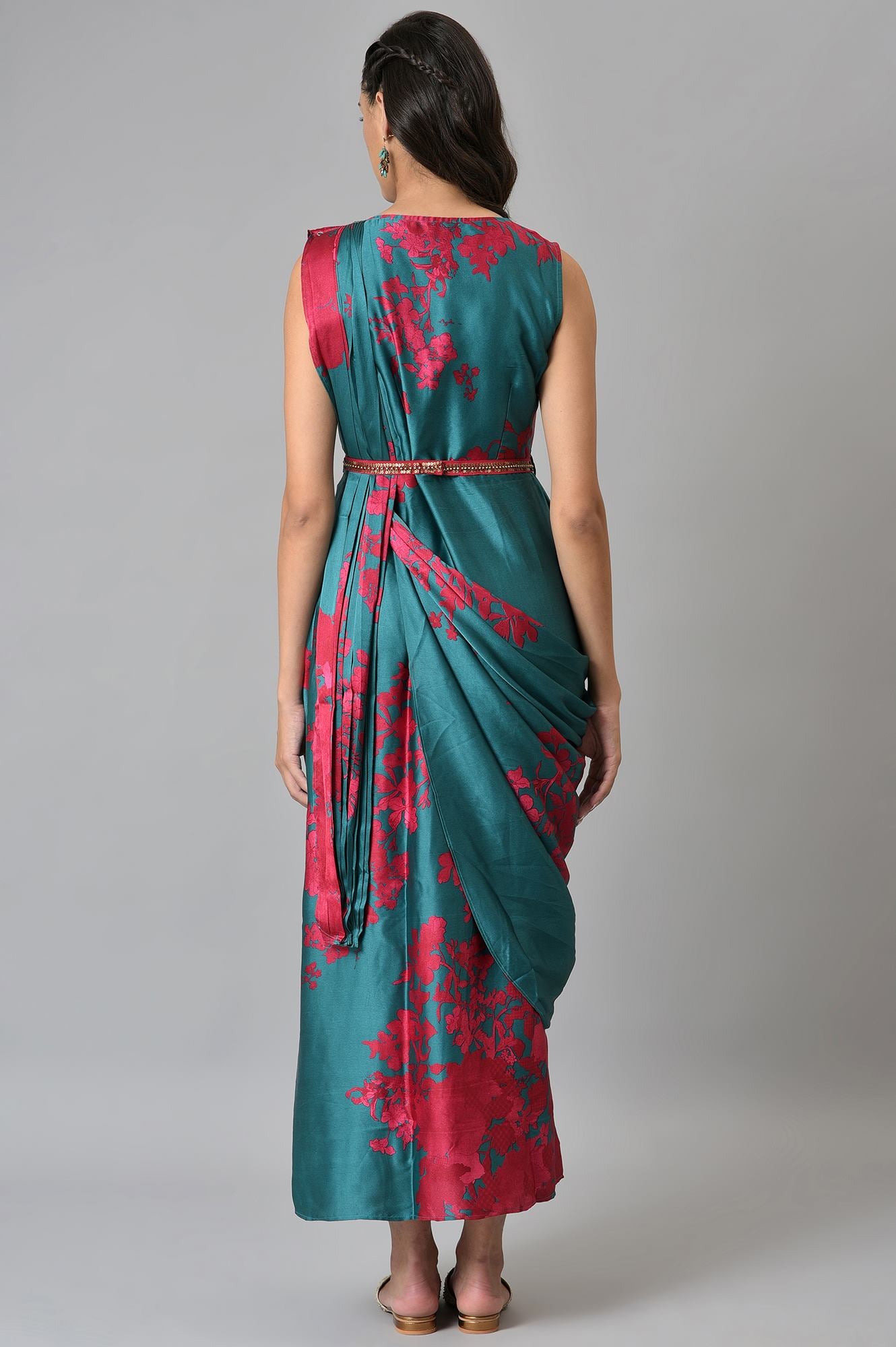 Green And Red Sleeveless Predrape Saree Dress With Belt And Tailored Jacket