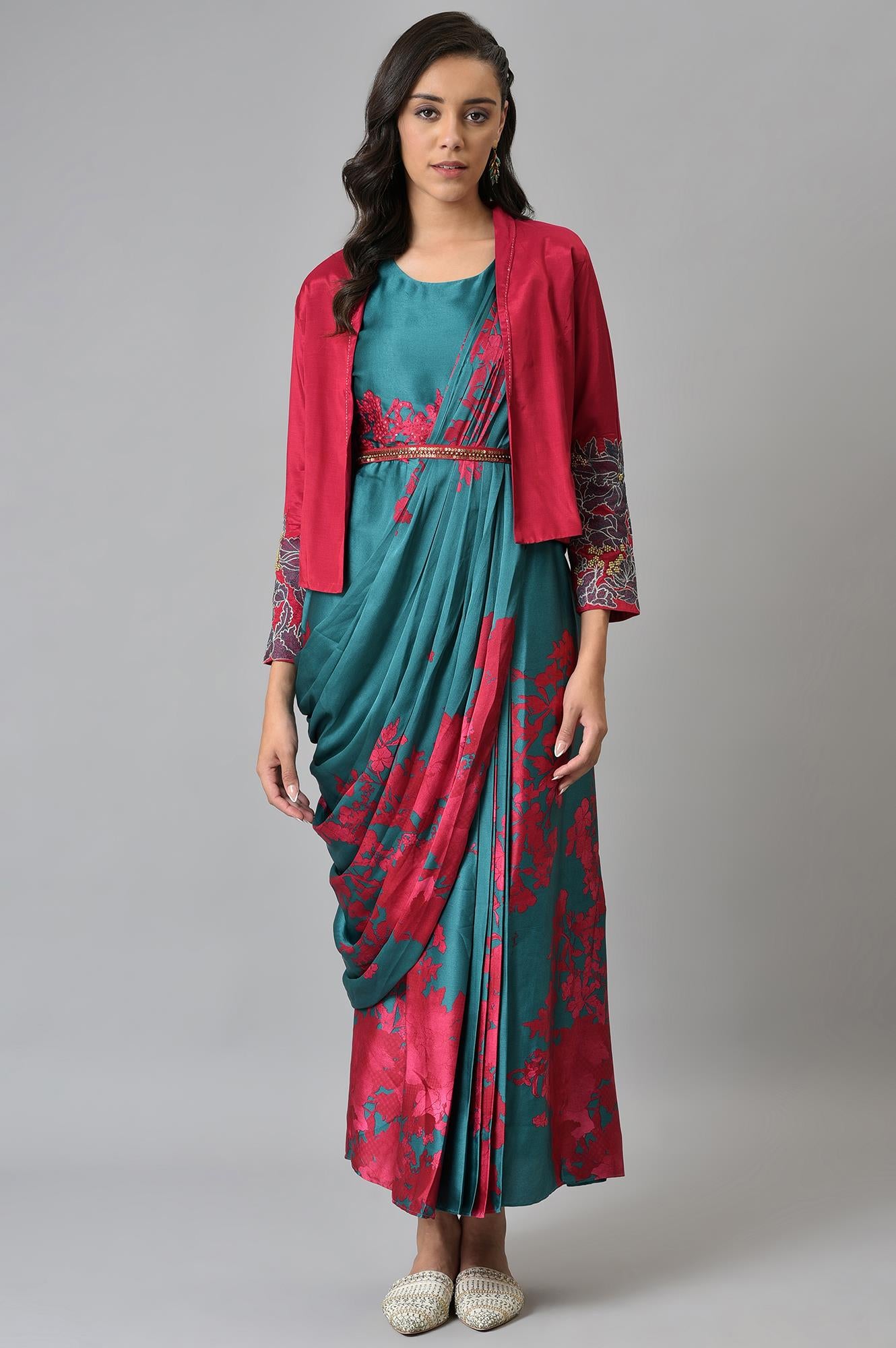 Green And Red Sleeveless Predrape Saree Dress With Belt And Tailored Jacket