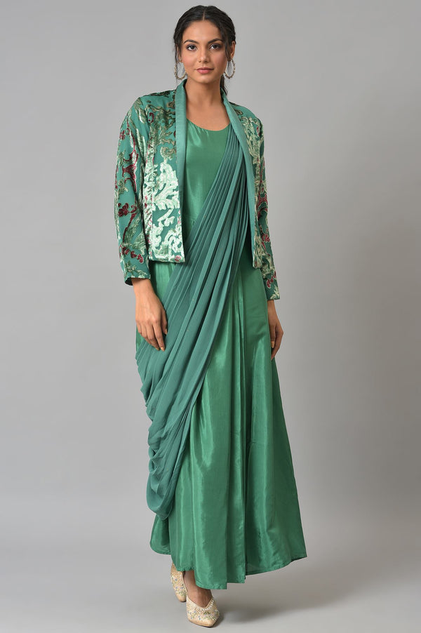 Green Festive Saree Draped kurta With Short Jacket