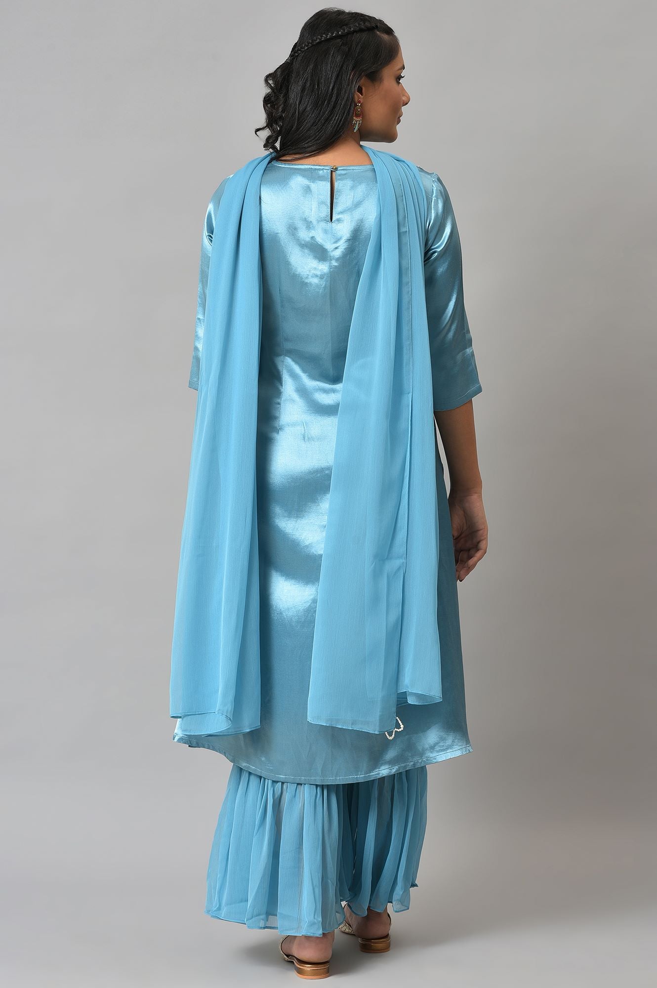 Blue Embellished Mashroo Silk kurta With Garara And Dupatta