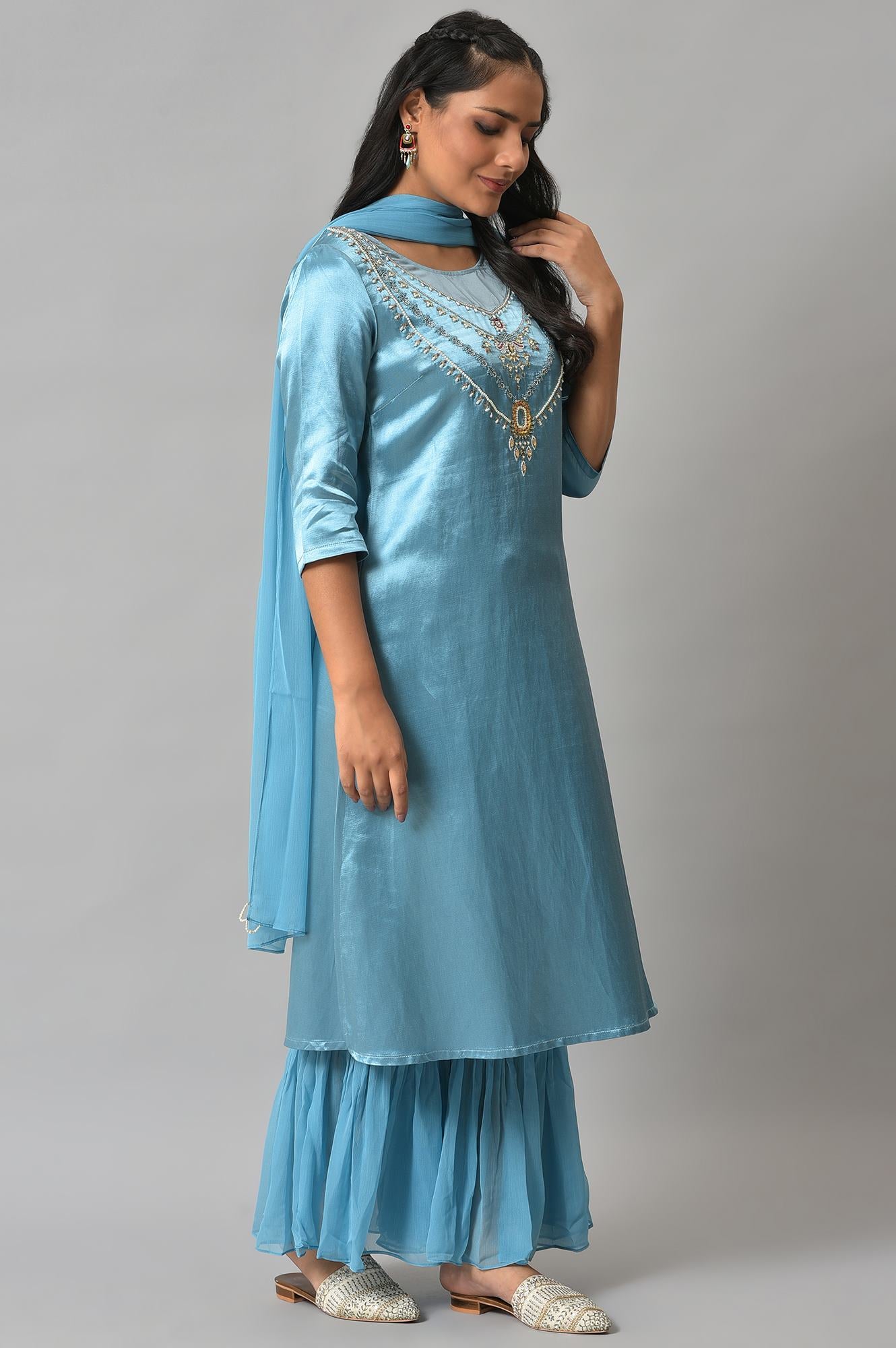 Blue Embellished Mashroo Silk kurta With Garara And Dupatta