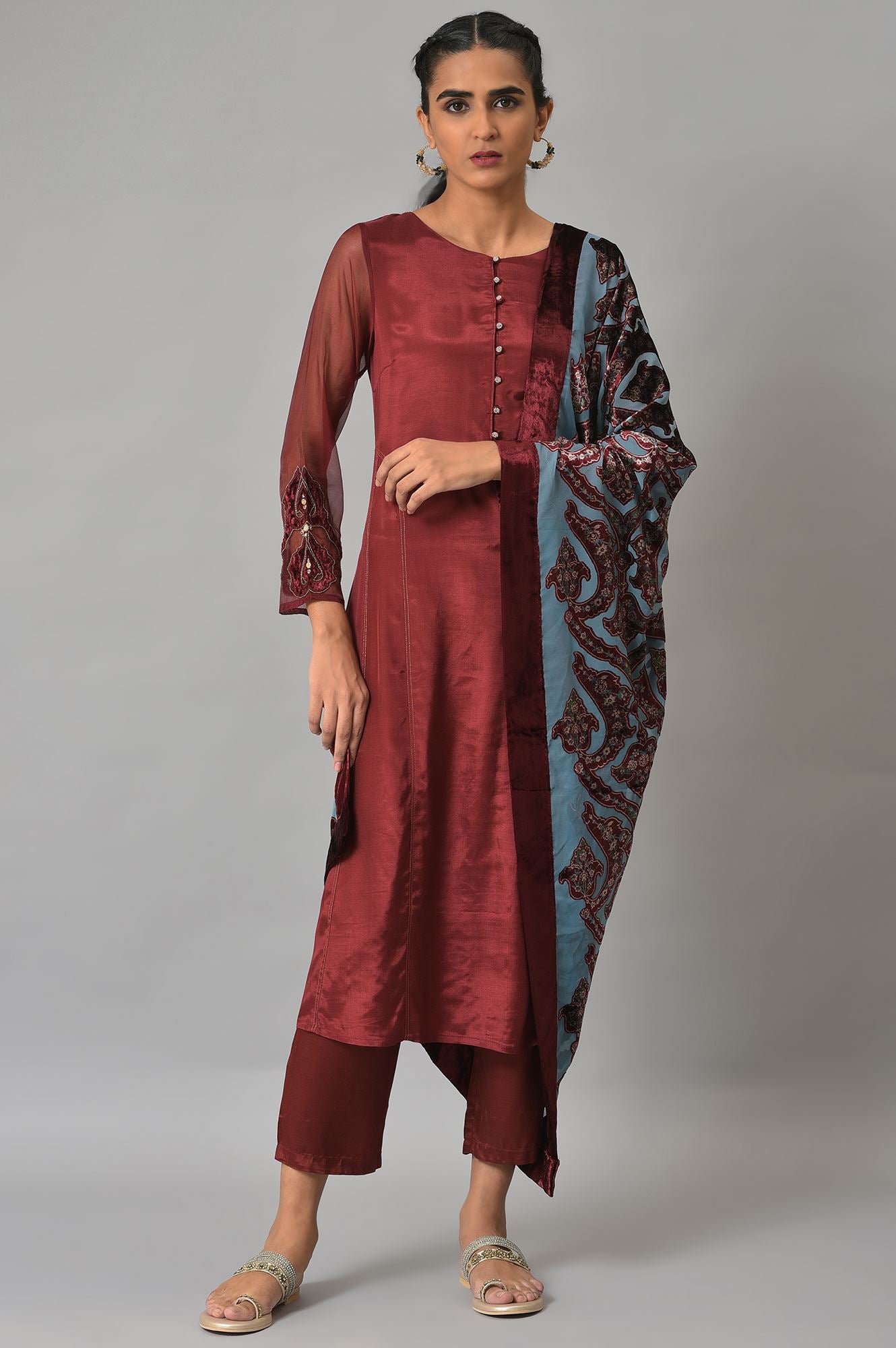 Dark Red Embroidered kurta, Pants And Organza Dupatta