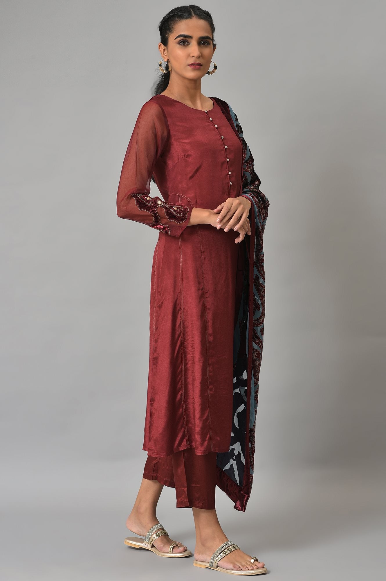 Dark Red Embroidered kurta, Pants And Organza Dupatta