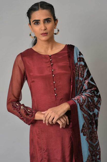 Dark Red Embroidered Kurta, Pants And Organza Dupatta