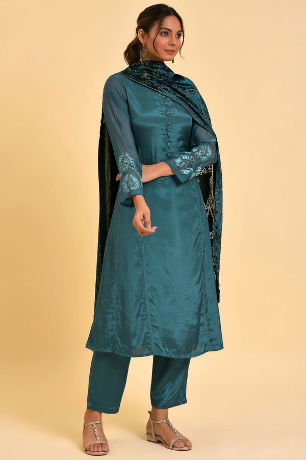Green Solid kurta, Pants & Velvet Dupatta