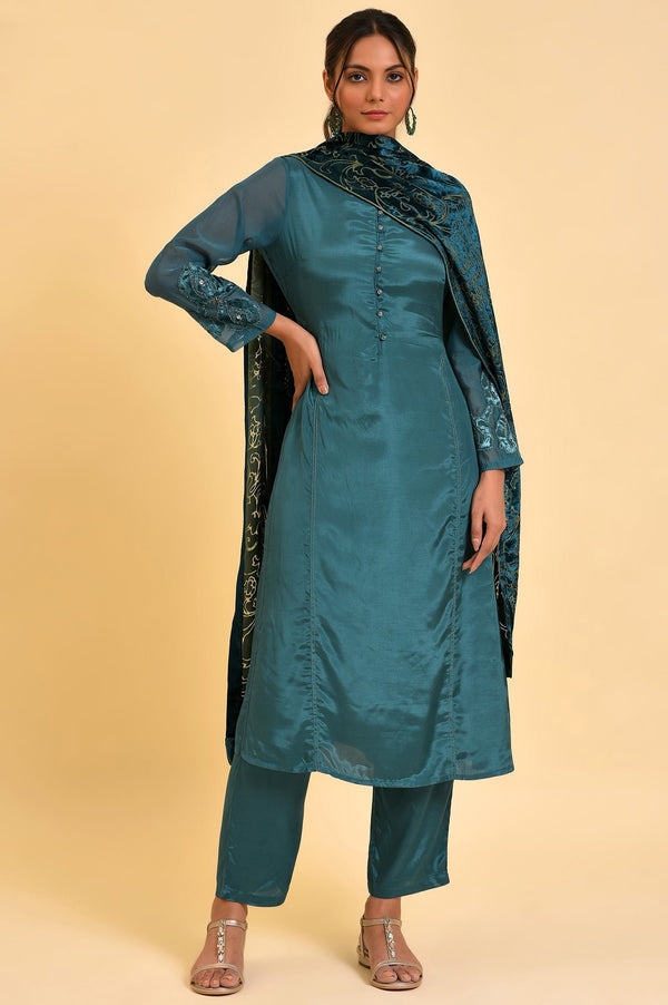 Green Solid kurta, Pants & Velvet Dupatta