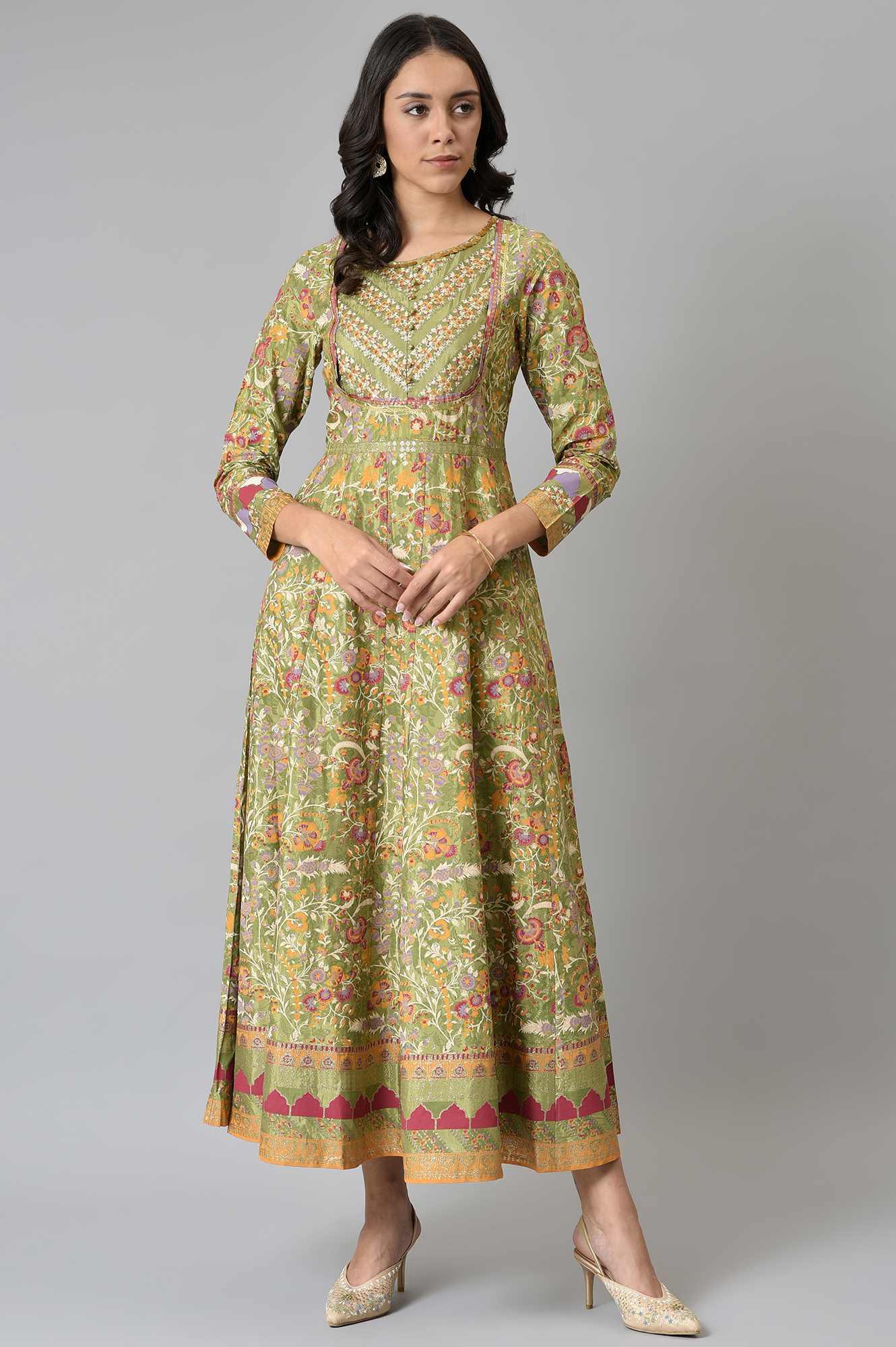 Olive Green Flared Anarkali Printed kurta - wforwoman