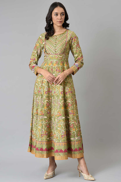 Olive Green Flared Anarkali Printed kurta - wforwoman